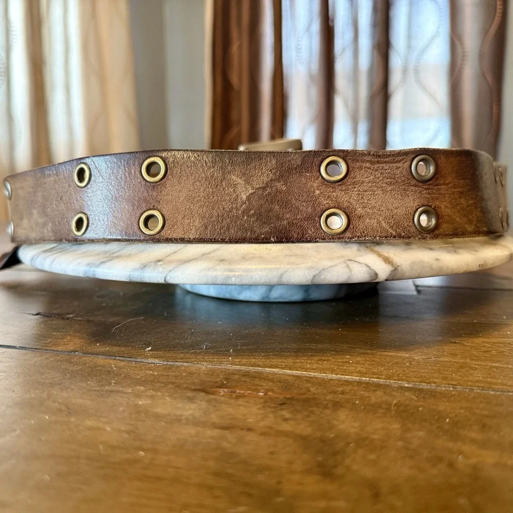 VTG 90s Y2K American Eagle Brown Leather Weathered Silver Grommet Belt Sz 34-40